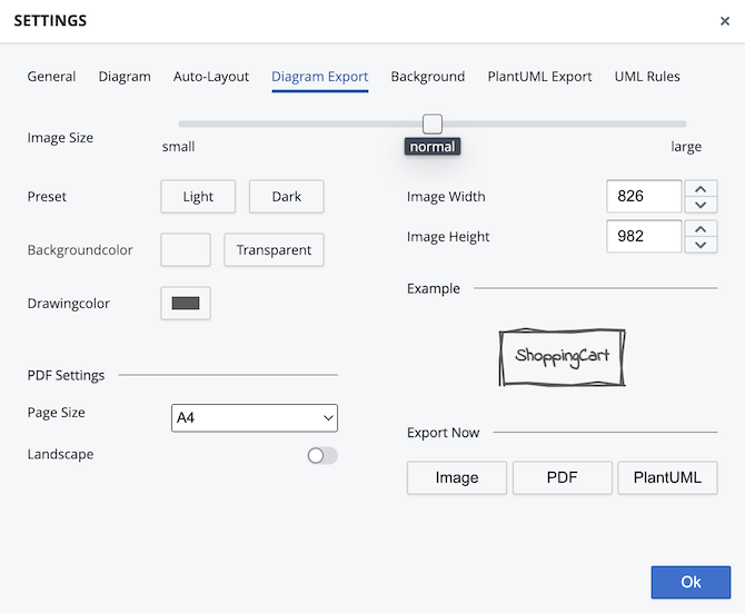 The image export settings dialog