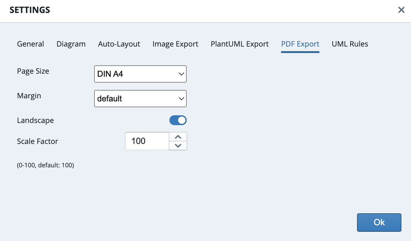 The PDF Export settings dialog