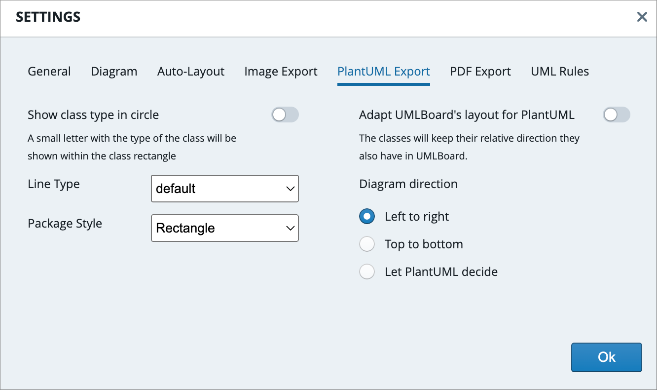 The PlantUML export settings dialog