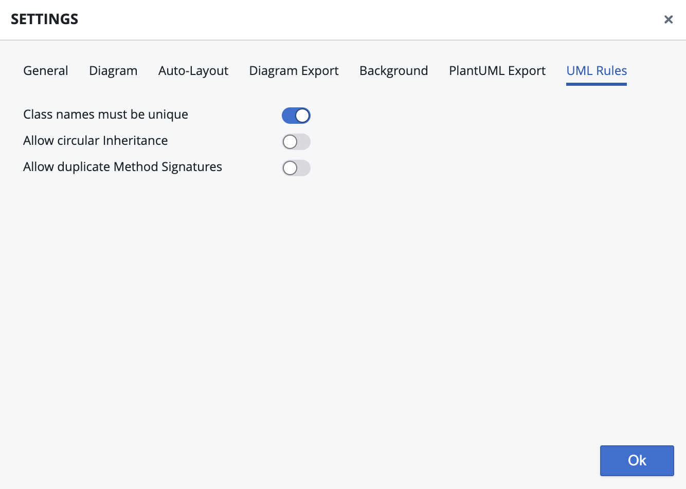 The dialog for activating or deactiving available UML rules