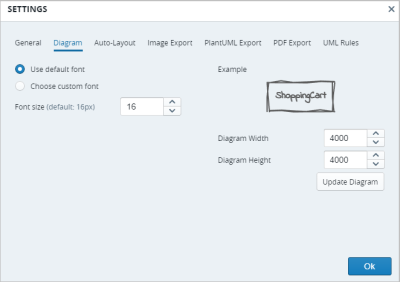 Numeric controls in the settings dialog to change the dimensions of your diagram