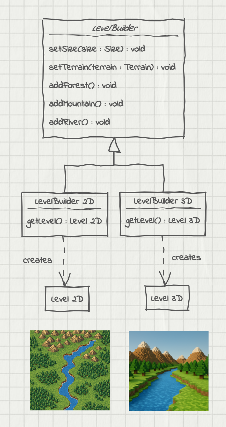 Two subclasses of the LevelBuilder can create either 2D or 3D levels.